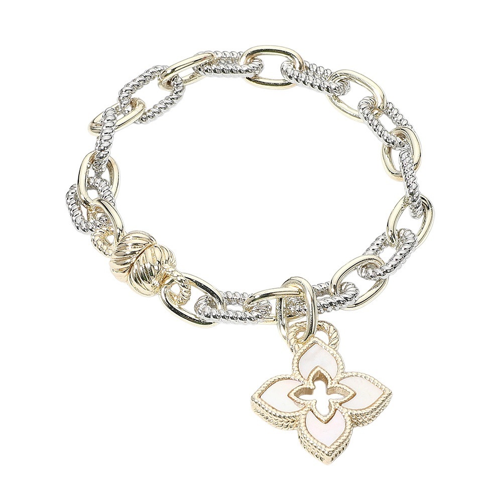 14K GP Two Tone Mother of Pearl Clover Charm Magnetic Bracelet - Picture 3 of 4